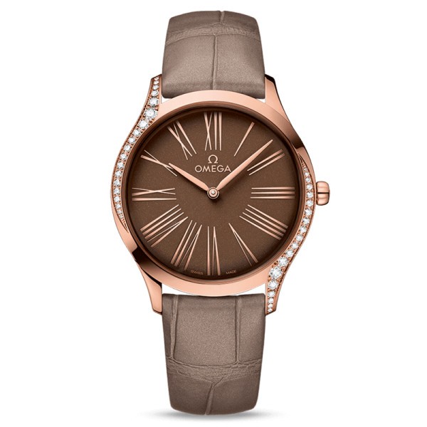 Montre Omega De Ville Trésor quartz or rose cadran marron bracelet cuir taupe 36 mm