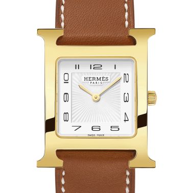 Montre HERMÈS Heure H Moyen Modèle plaqué or jaune quartz cadran blanc bracelet cuir marron 30 mm