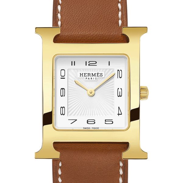 Montre HERMÈS Heure H Moyen Modèle plaqué or jaune quartz cadran blanc bracelet cuir marron 30 mm