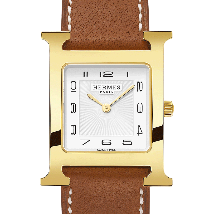Montre HERMÈS Heure H Moyen Modèle plaqué or jaune quartz cadran blanc bracelet cuir marron 30 mm
