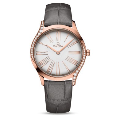 Montre Omega De Ville Trésor quartz or rose cadran argent bracelet tissu anthracite 36 mm