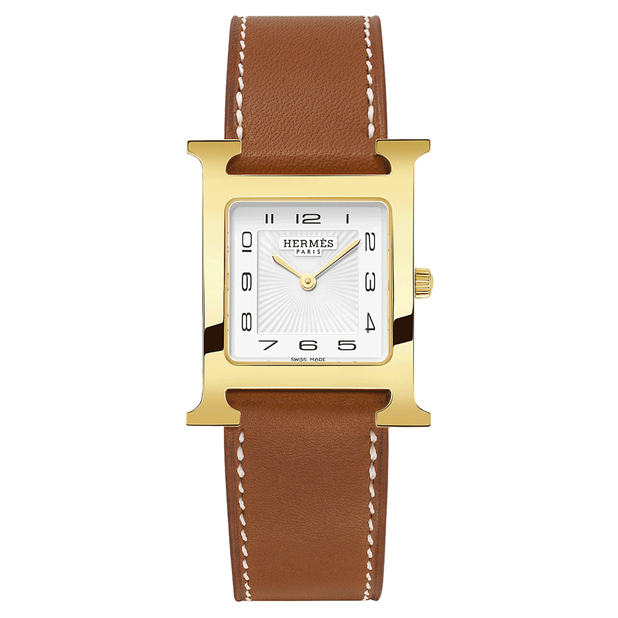 Montre HERMÈS Heure H Moyen Modèle plaqué or jaune quartz cadran blanc bracelet cuir marron 30 mm