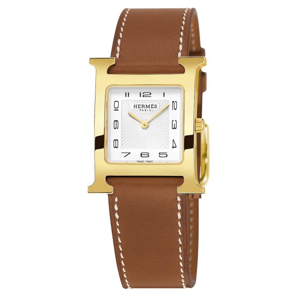 Montre HERMÈS Heure H Moyen Modèle plaqué or jaune quartz cadran blanc bracelet cuir marron 30 mm