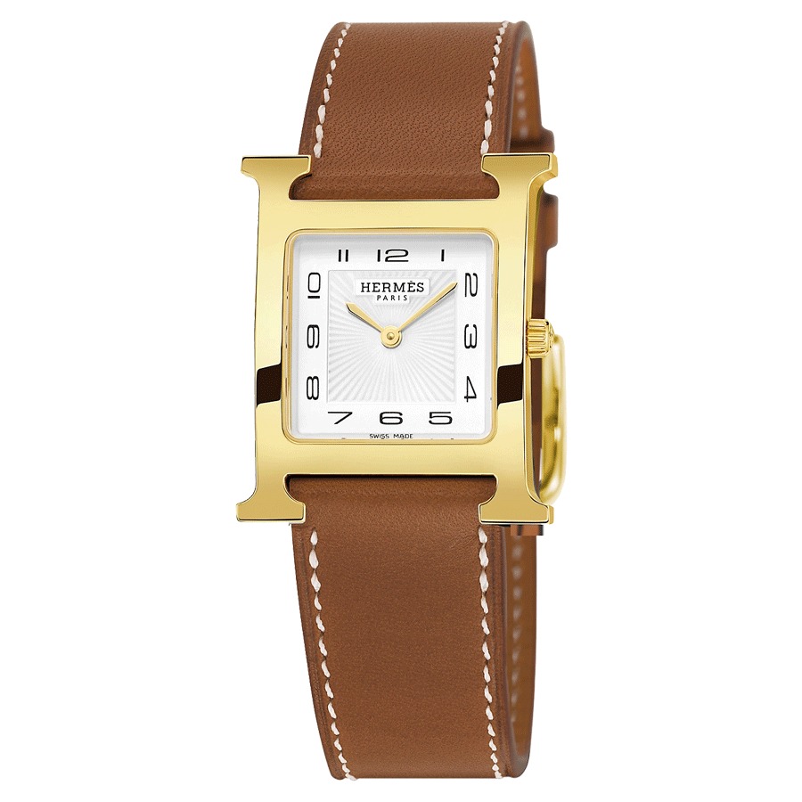 Montre HERMÈS Heure H Moyen Modèle plaqué or jaune quartz cadran blanc bracelet cuir marron 30 mm