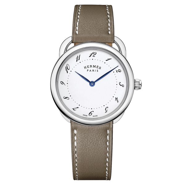 HERMÈS Arceau Grand Modèle quartz watch white lacquered dial taupe leather strap 36 mm W043404WW00