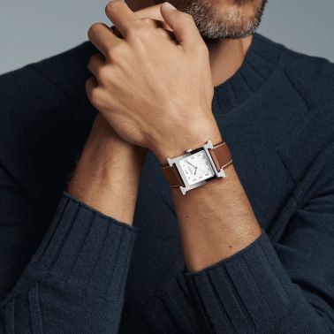 HERMÈS Heure H Large Model quartz watch white dial brown leather strap 34 mm W036833WW00