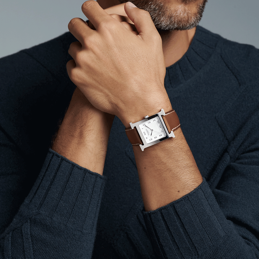 Montre HERMÈS Heure H Grand Modèle quartz cadran blanc bracelet cuir marron 34 mm W036833WW00