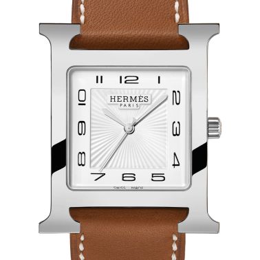 Montre HERMÈS Heure H Grand Modèle quartz cadran blanc bracelet cuir marron 34 mm W036833WW00
