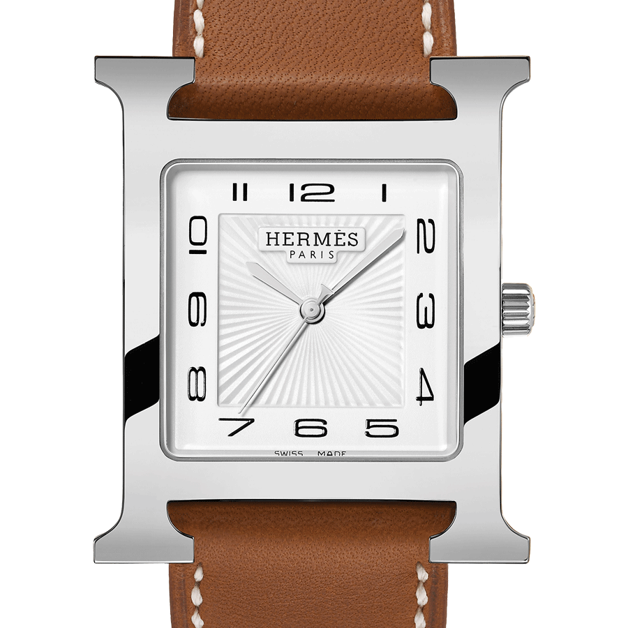 Montre HERMÈS Heure H Grand Modèle quartz cadran blanc bracelet cuir marron 34 mm W036833WW00