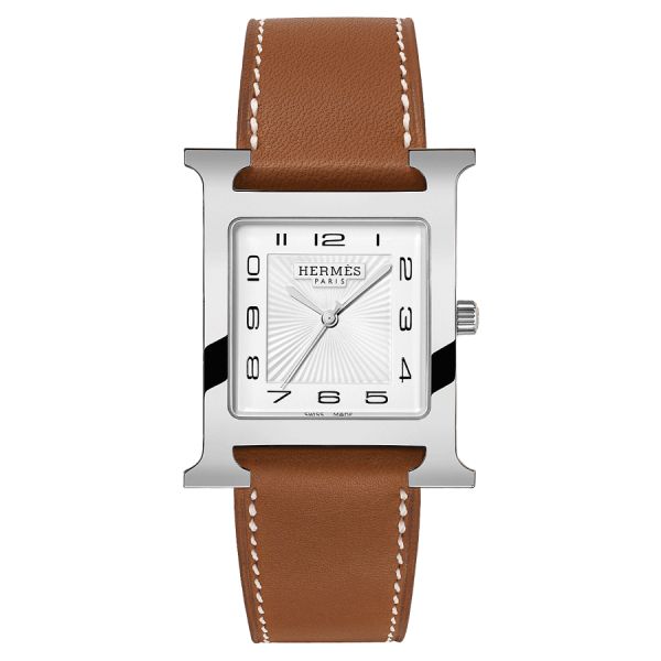 HERMÈS Heure H Large Model quartz watch white dial brown leather strap 34 mm W036833WW00