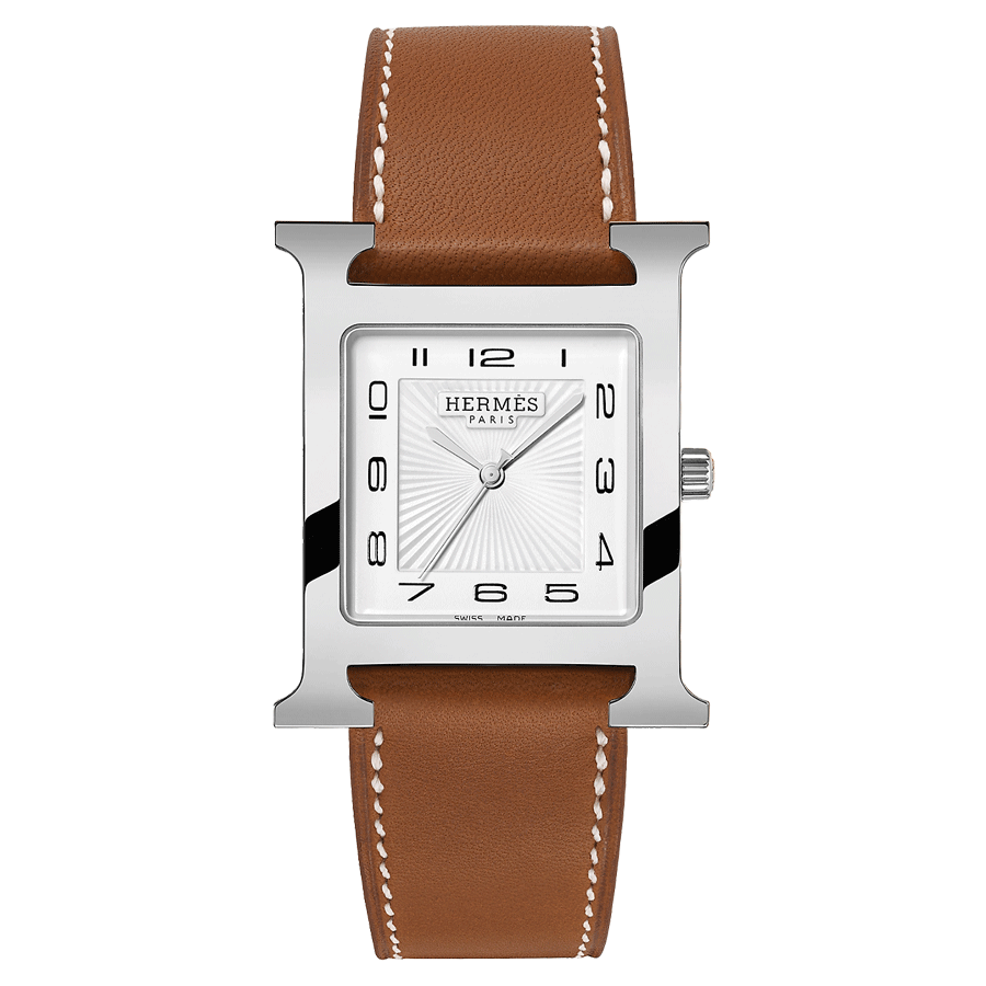 Montre HERMÈS Heure H Grand Modèle quartz cadran blanc bracelet cuir marron 34 mm W036833WW00