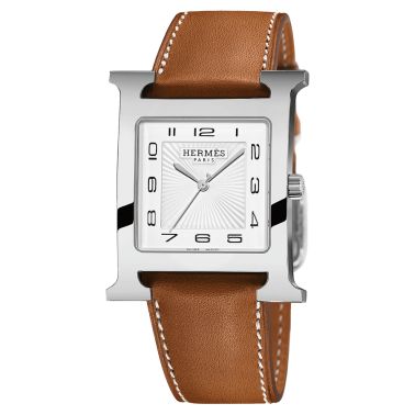 Montre HERMÈS Heure H Grand Modèle quartz cadran blanc bracelet cuir marron 34 mm W036833WW00