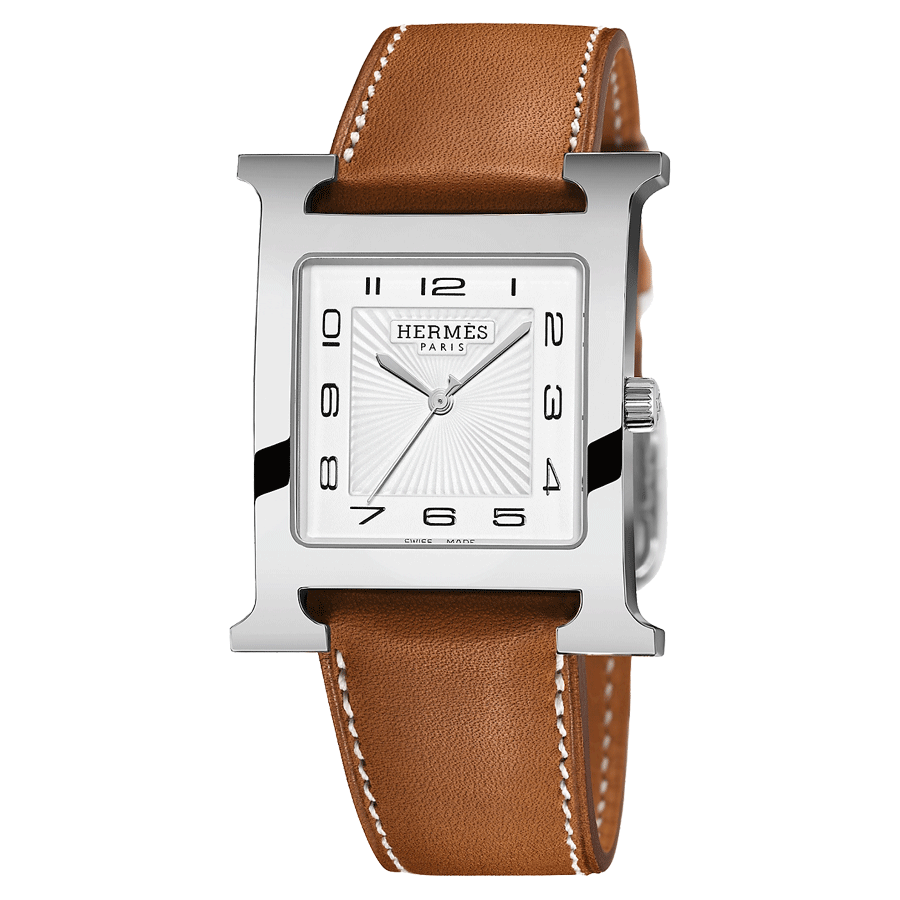 Montre HERMÈS Heure H Grand Modèle quartz cadran blanc bracelet cuir marron 34 mm W036833WW00