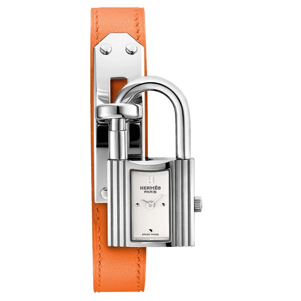 HERMÈS Kelly Mini Model quartz watch silver dial long orange leather strap 20 mm W025744WW00