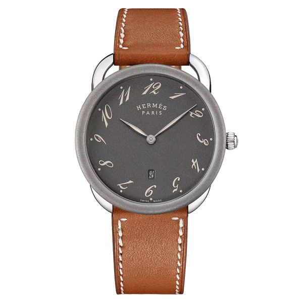 HERMÈS Arceau 78 Grand Modèle quartz watch anthracite dial brown leather strap 40 mm W047360WW00