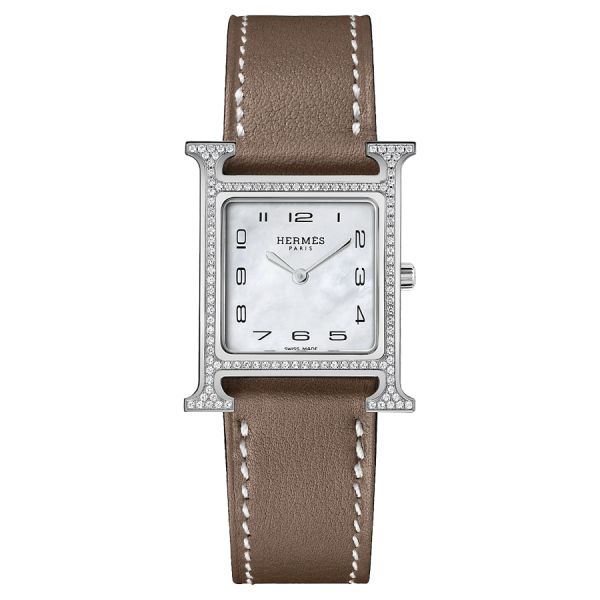 HERMÈS Heure H Petit Modèle quartz dial white mother-of-pearl bracelet calf Swift taupe 25 mm W046512WW00