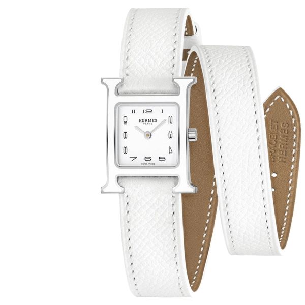 Montre HERMÈS Heure H Petit Modèle quartz cadran blanc bracelet cuir blanc double tour 21 mm W044911WW00