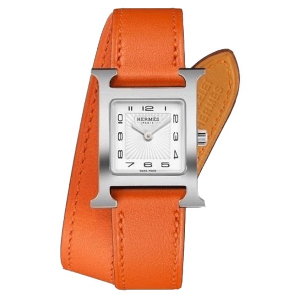 HERMÈS Heure H Small Model quartz watch silver dial orange leather strap double tour 21 mm W044917WW00