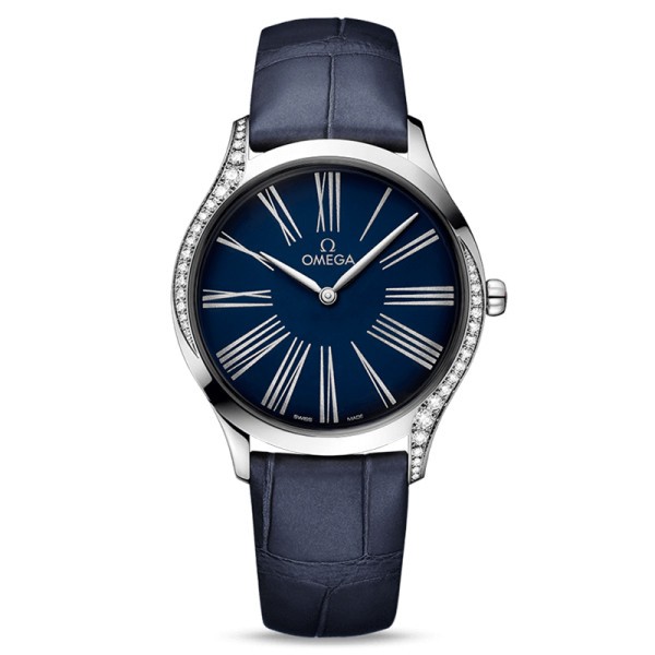 Montre Omega De Ville Trésor quartz cadran cadran bleu bracelet cuir bleu 36 mm