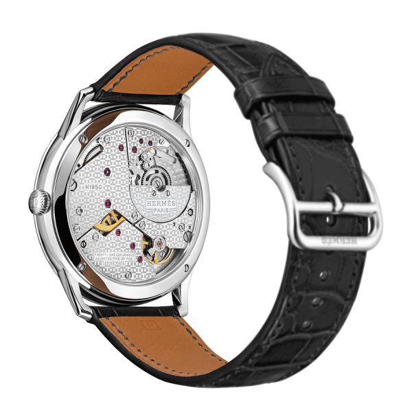 HERMÈS Slim Grand Modèle automatic watch silver opaline dial black leather strap 39,5 mm W041759WW00
