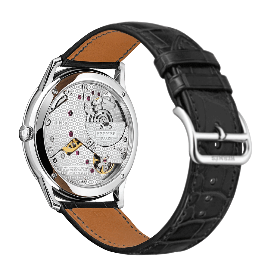 HERMÈS Slim Grand Modèle automatic watch silver opaline dial black leather strap 39,5 mm W041759WW00
