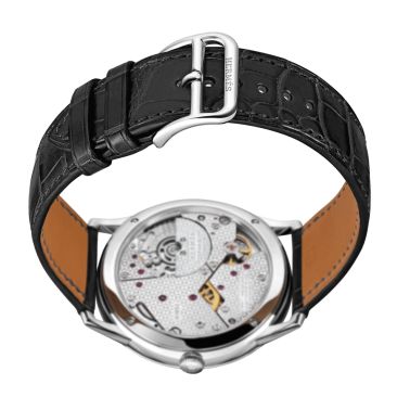 HERMÈS Slim Grand Modèle automatic watch silver opaline dial black leather strap 39,5 mm W041759WW00
