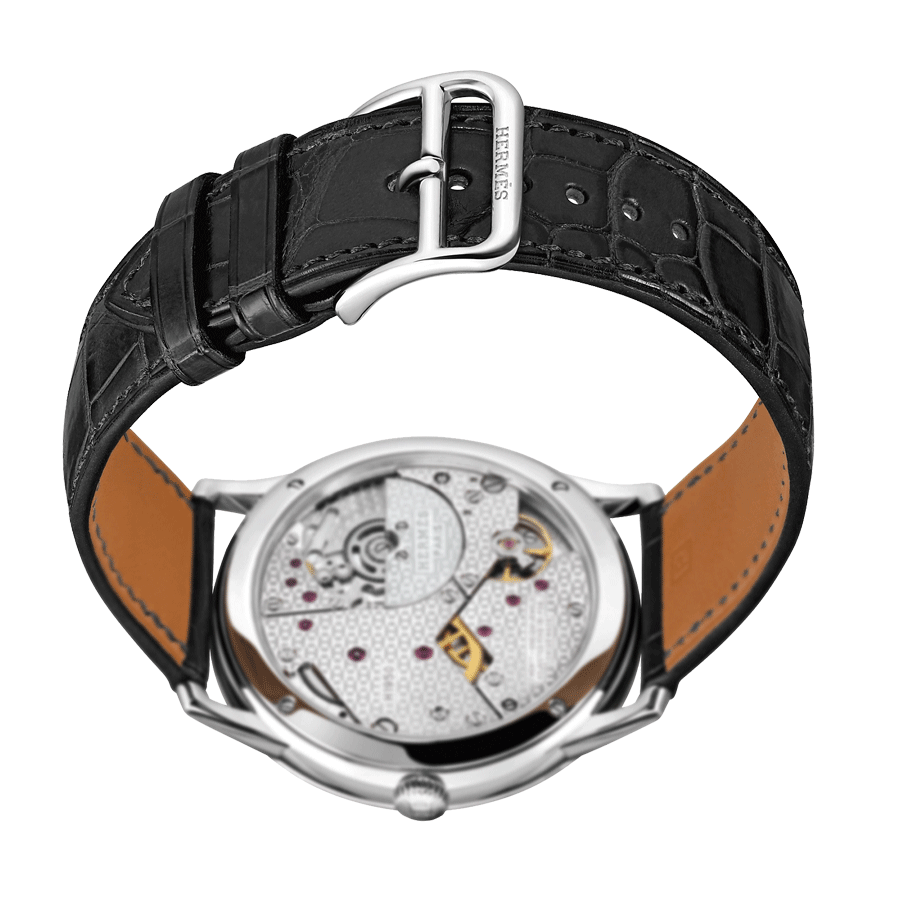 HERMÈS Slim Grand Modèle automatic watch silver opaline dial black leather strap 39,5 mm W041759WW00