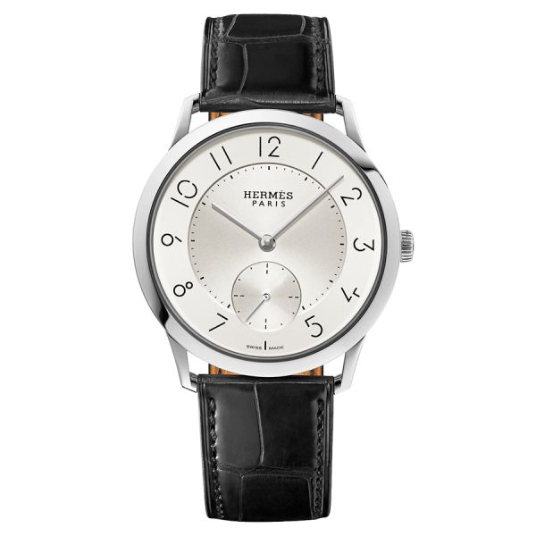 HERMÈS Slim Grand Modèle automatic watch silver opaline dial black leather strap 39,5 mm W041759WW00