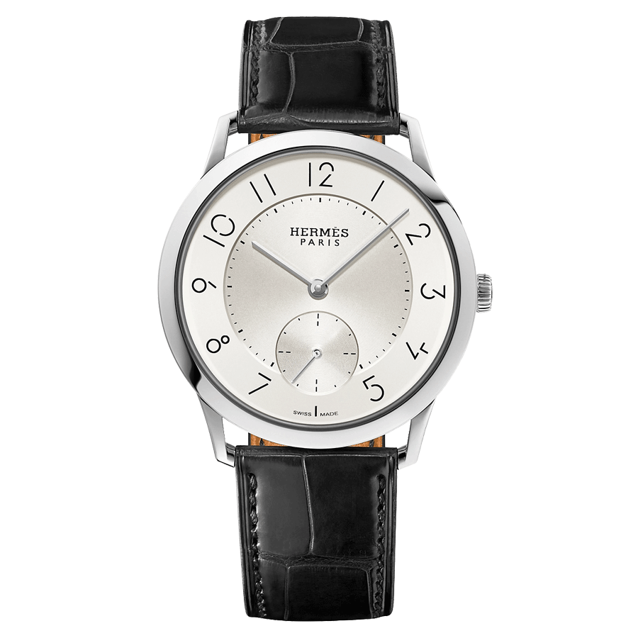HERMÈS Slim Grand Modèle automatic watch silver opaline dial black leather strap 39,5 mm W041759WW00
