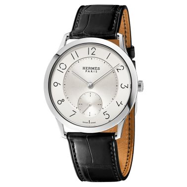 HERMÈS Slim Grand Modèle automatic watch silver opaline dial black leather strap 39,5 mm W041759WW00