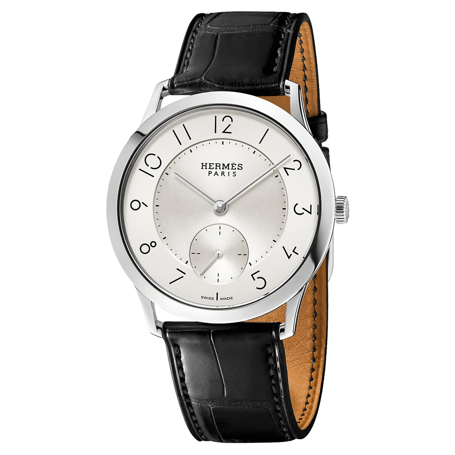 HERMÈS Slim Grand Modèle automatic watch silver opaline dial black leather strap 39,5 mm W041759WW00