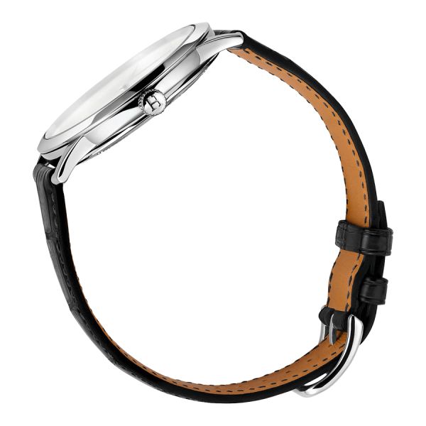 HERMÈS Slim Grand Modèle automatic watch silver opaline dial black leather strap 39,5 mm W041759WW00