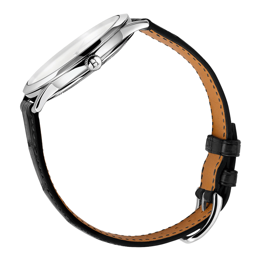 HERMÈS Slim Grand Modèle automatic watch silver opaline dial black leather strap 39,5 mm W041759WW00