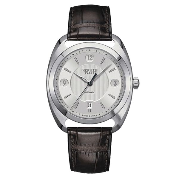 HERMÈS Dressage Grand Modèle automatic watch silver dial brown leather strap 40 mm W037801WW00