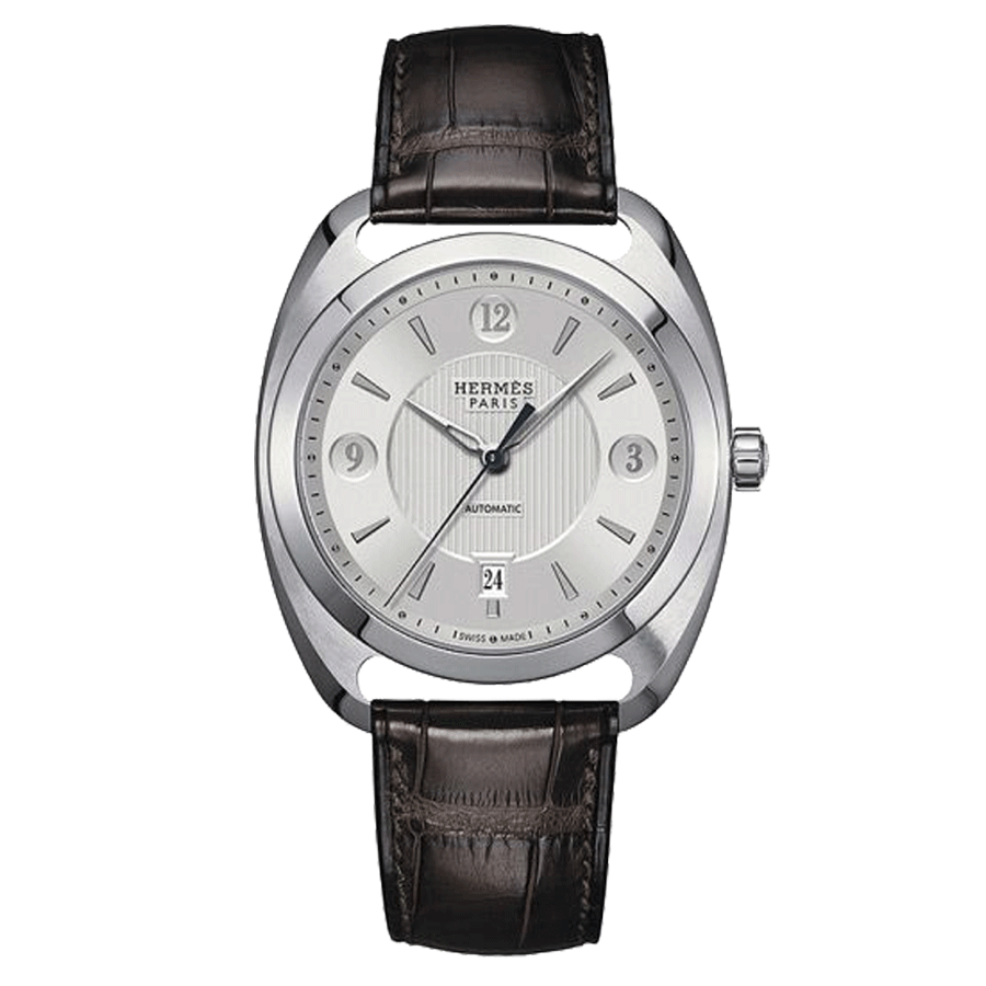 Montre HERMÈS Dressage Grand Modèle automatique cadran argenté bracelet cuir marron 40 mm W037801WW00
