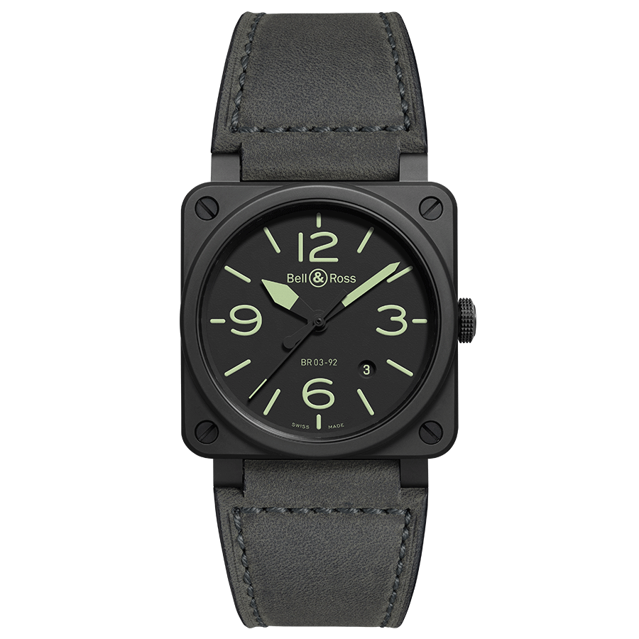 Bell & Ross BR 03-92 Nightlum automatic ceramic black dial leather strap 42 mm
