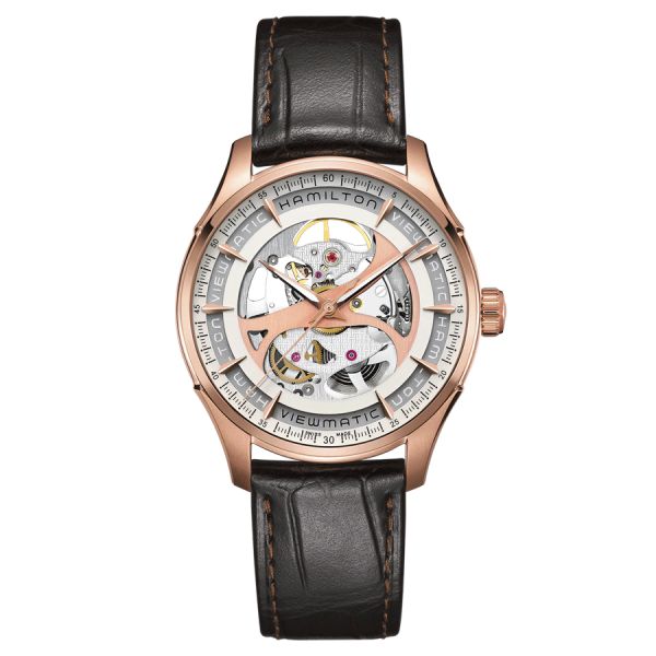 Montre Hamilton Jazzmaster Viewmatic Skeleton PVD Rose automatique cadran squelette bracelet cuir brun 40 mm H42545551