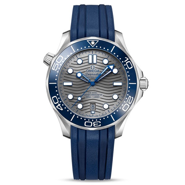 Montre Omega Seamaster Diver 300m Co-Axial Master Chronometer cadran gris bracelet caoutchouc bleu 42 mm
