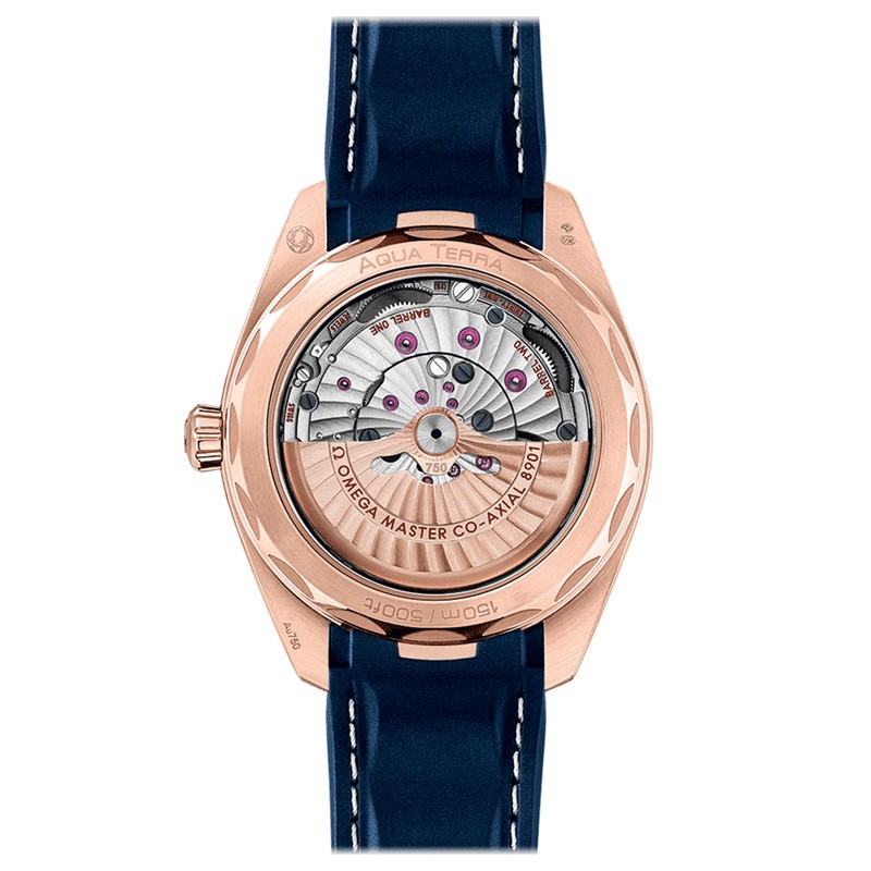 Montre Omega Seamaster Aqua Terra 150m Co-Axial Master Chronometer or rouge cadran bleu bracelet caoutchouc bleu 41 mm