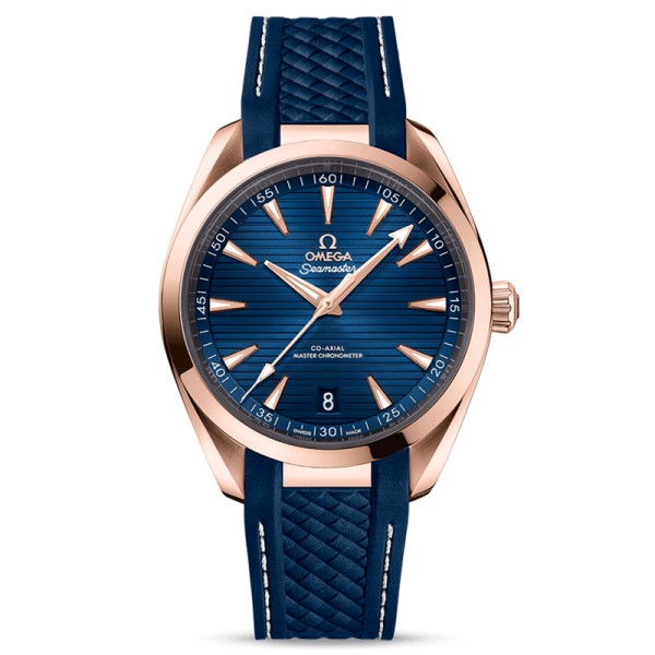 Montre Omega Seamaster Aqua Terra 150m Co-Axial Master Chronometer or rouge cadran bleu bracelet caoutchouc bleu 41 mm