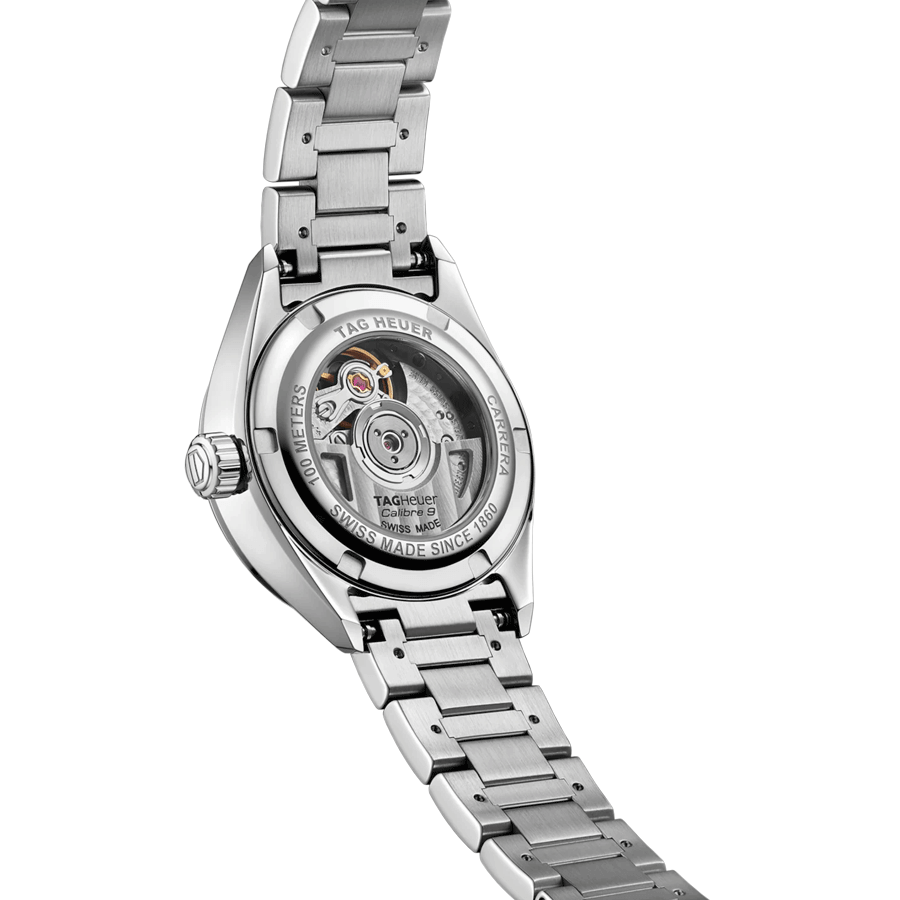 Montre TAG Heuer Carrera Calibre 9 automatique index diamants cadran nacre blanche bracelet acier 29 mm WBN2414.BA0621