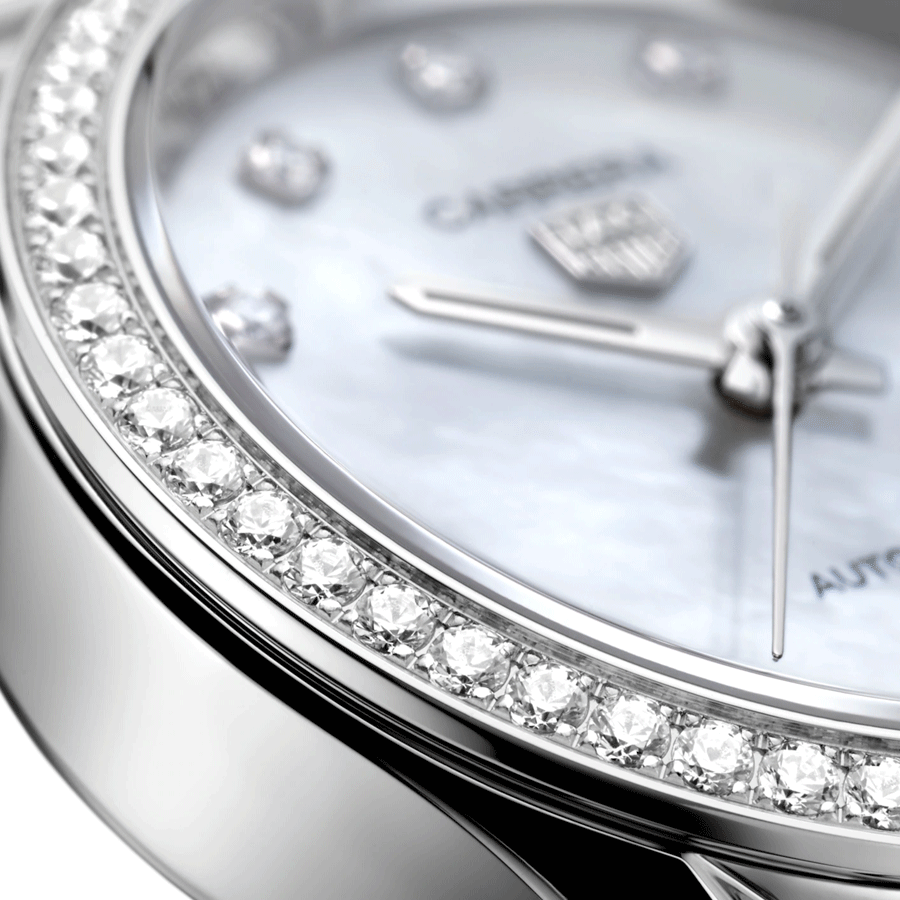 Montre TAG Heuer Carrera Calibre 9 automatique index diamants cadran nacre blanche bracelet acier 29 mm WBN2414.BA0621