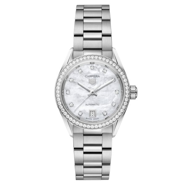 TAG Heuer Carrera Calibre 9 automatic watch with diamond markers white mother-of-pearl dial steel bracelet 29 mm