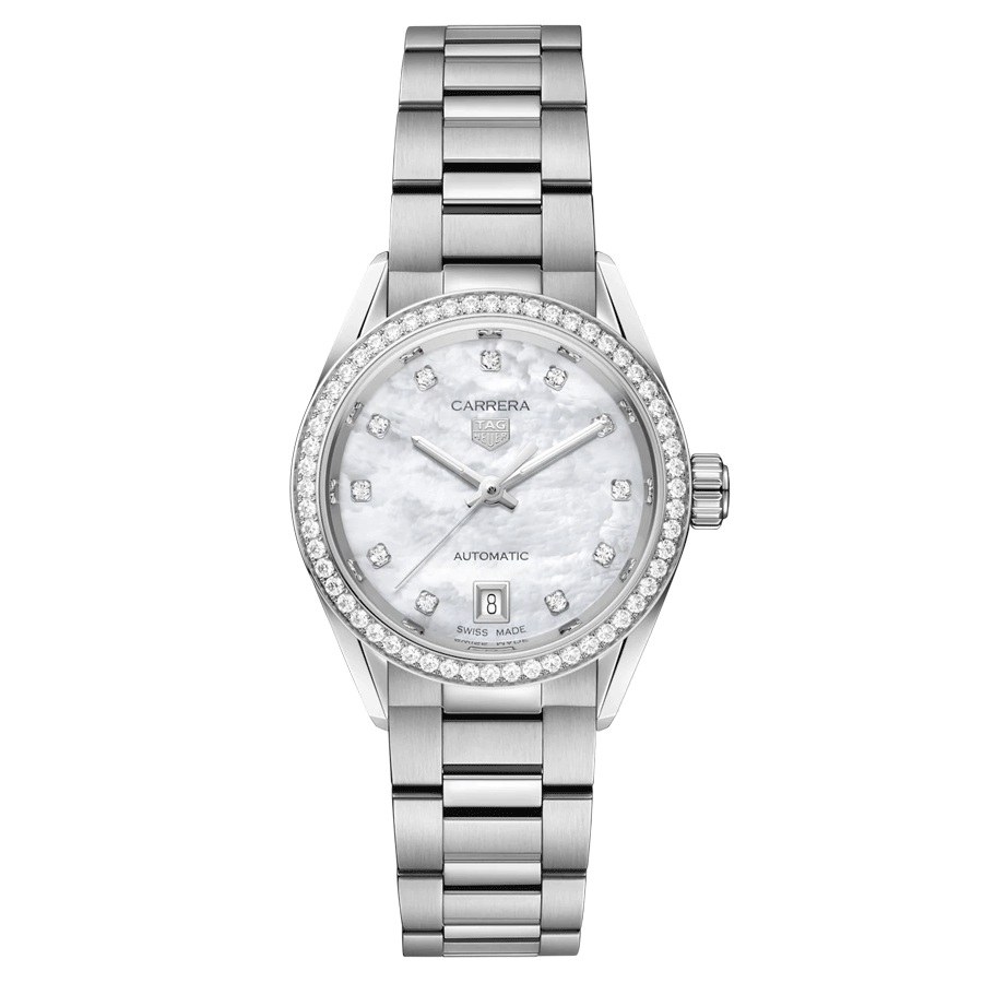 Montre TAG Heuer Carrera Calibre 9 automatique index diamants cadran nacre blanche bracelet acier 29 mm WBN2414.BA0621