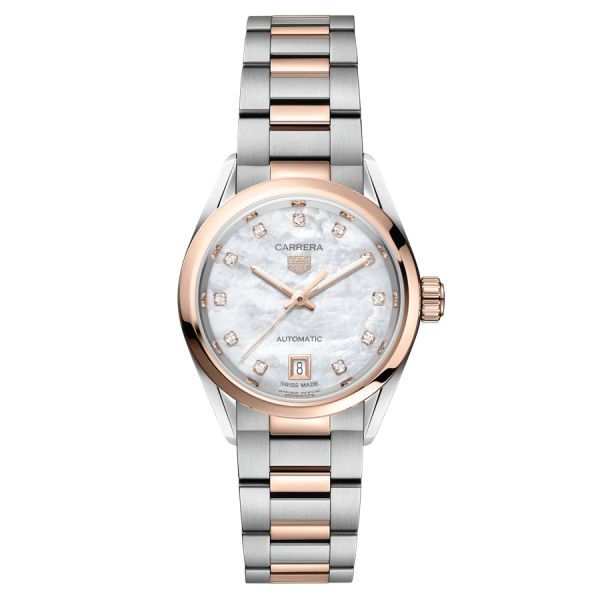 TAG Heuer Carrera Calibre 9 automatic watch with diamond markers white mother-of-pearl dial steel and rose gold bracelet 29 mm