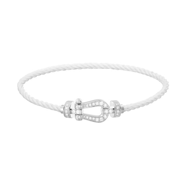Bracelet Fred Force 10 moyen modèle en or blanc, pavage diamants et câble blanc 0B0077-6B0252