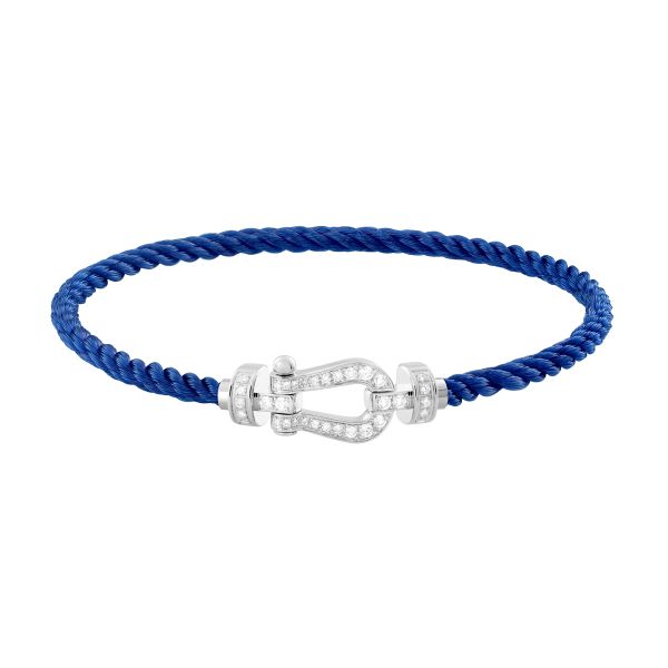 Fred Force 10 medium model bracelet in white gold, diamond pavement and indigo blue cable