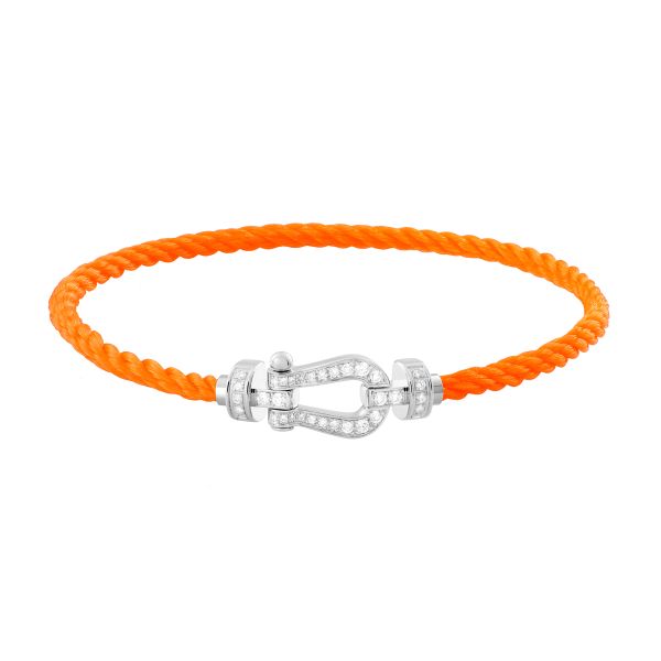 Fred Force 10 medium model bracelet in white gold, diamond-paved and fluorescent orange cable