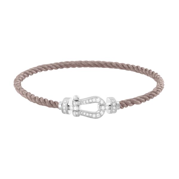 Fred Force 10 medium model bracelet in white gold, diamond-paved and taupe cable