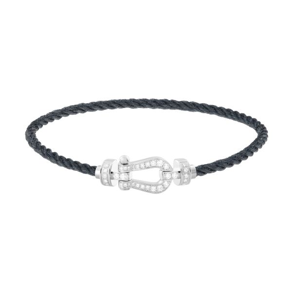 Fred Force 10 medium model bracelet in white gold, diamond-paved and stormy grey cable